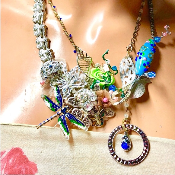 OOAK Assemblage Eclectic Vtg/New Mix Wearable Art Statement Necklace *Dragonfly - Picture 3 of 12